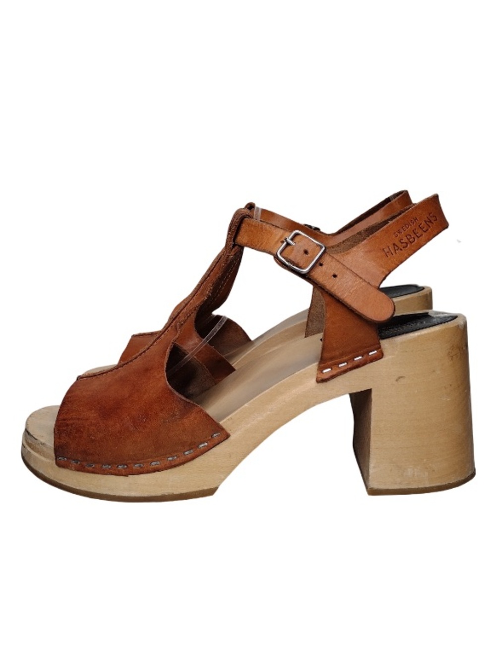Swedish Hasbeens Stitchy Sz 40 Boho Leather T-Strap Wooden Heels Sandals